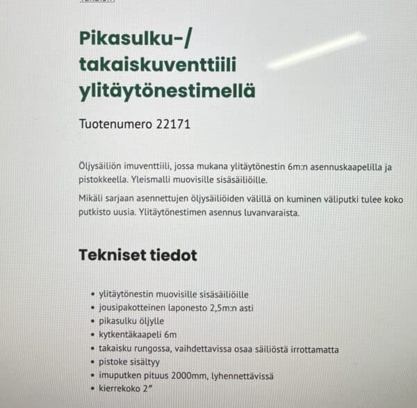 Öljysäiliön takaiskuventtiili ylitäytönestimellä LI-Plast - Purkukolmio.fi