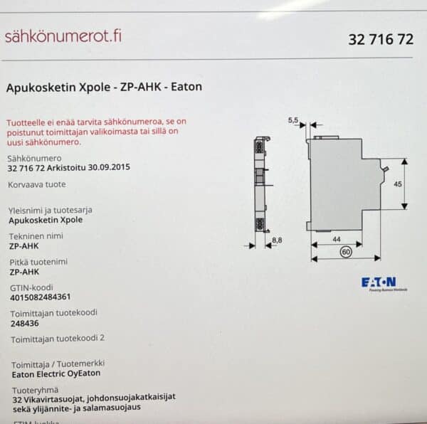 Apukosketin Moeller Xpole–ZP–AHK–Eaton - Purkukolmio.fi